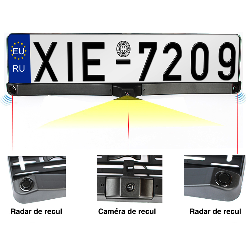 Support plaque immatriculation avec une caméra et 2 radars de recul intégrés
